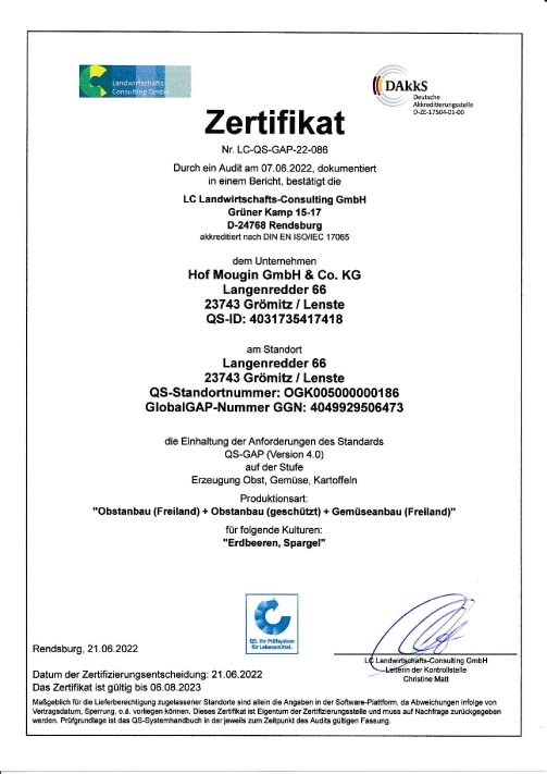 QS-Zertifikat 2022 Erdbeeren & Spargel